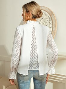 SHEIN Frenchy 蕾絲拼接荷葉袖木耳邊領襯衫 - 白色 - 查看 3