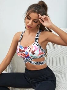 Easithlete 中度支撐印花字母織帶帶運動型文胸