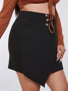 大碼圍裹不對稱下擺半身裙 - 黑色 - 查看 4