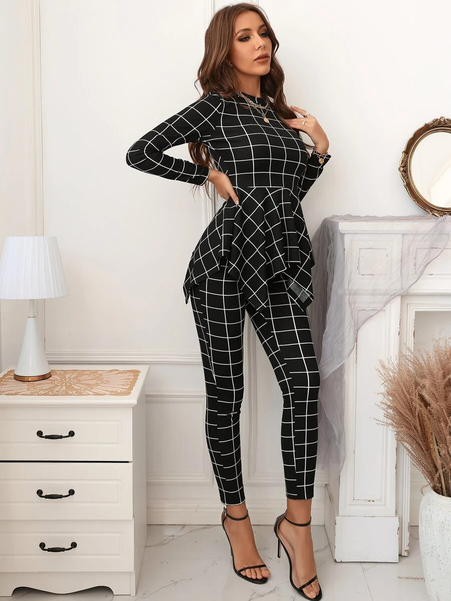 Modelyn Plaid Print Asymmetrical Hem Tee & Leggings - Black - View 1