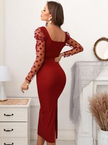Modelyn Burgundy Red Contrast Dobby Mesh Gigot Sleeve Split Back Bodycon Dress - Burgundy - View 2