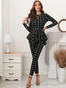 Modelyn Plaid Print Asymmetrical Hem Tee & Leggings - Black - View 5