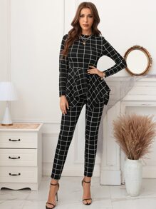 Modelyn Plaid Print Asymmetrical Hem Tee & Leggings - Black - View 6