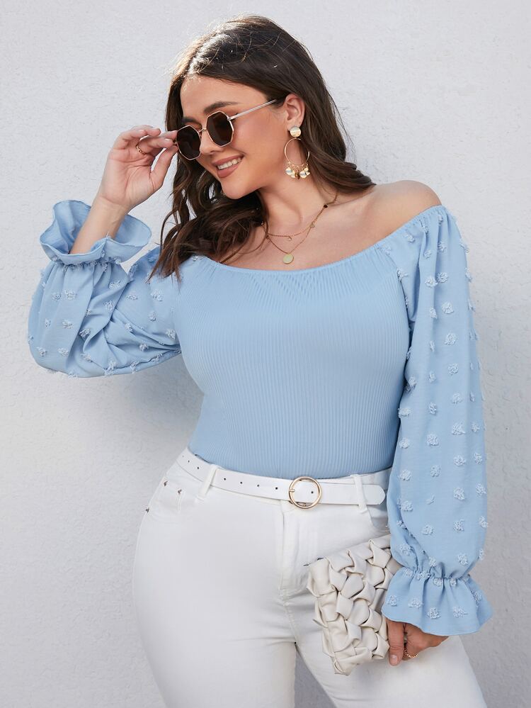 Plus Off Shoulder Swiss Dot Flounce Sleeve Top - Blue - View 1