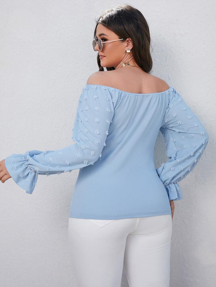 Plus Off Shoulder Swiss Dot Flounce Sleeve Top - Blue - View 2