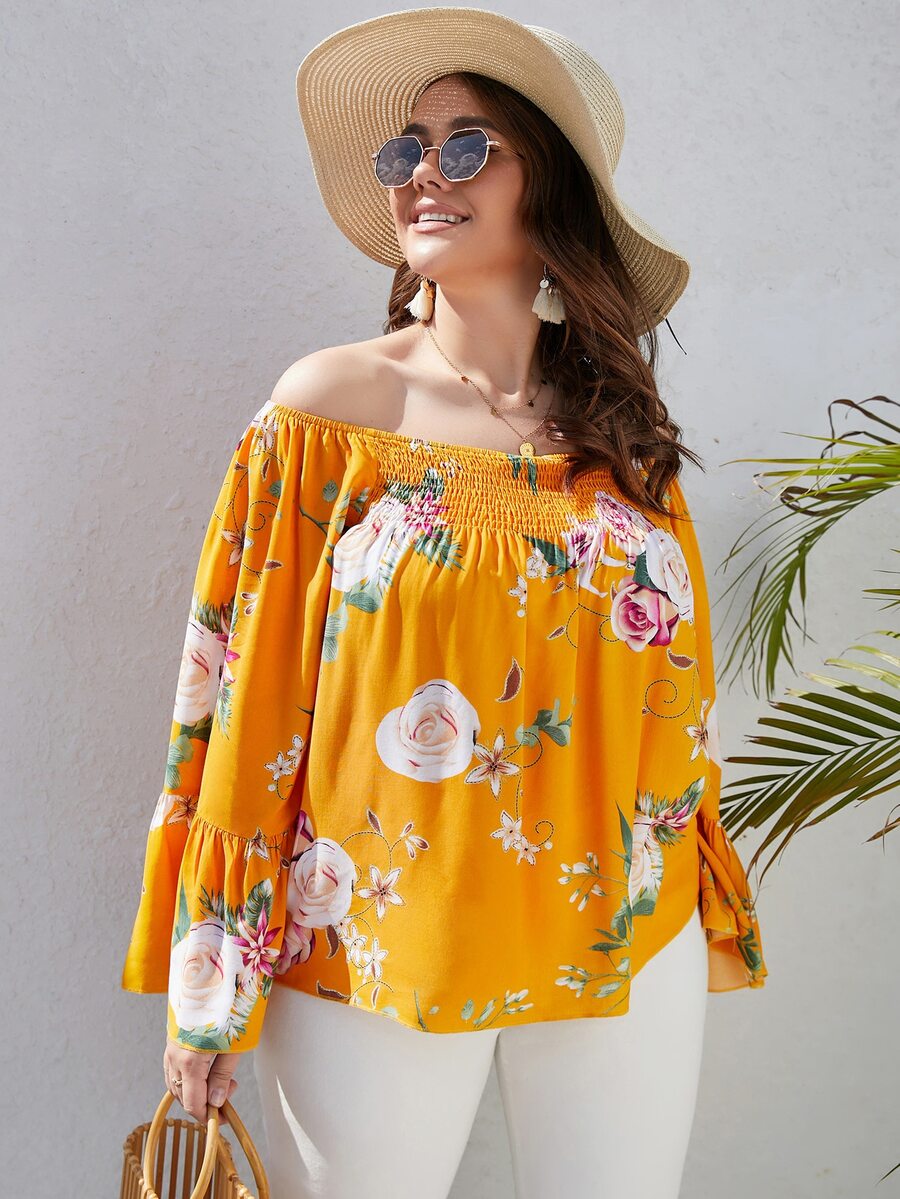 大碼印花一字肩荷葉袖打褶襯衫 - 黃色 - 查看 1