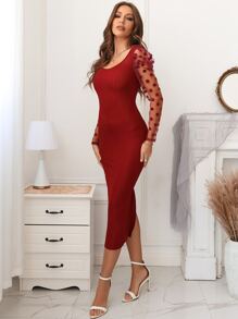 Modelyn Burgundy Red Contrast Dobby Mesh Gigot Sleeve Split Back Bodycon Dress - Burgundy - View 3