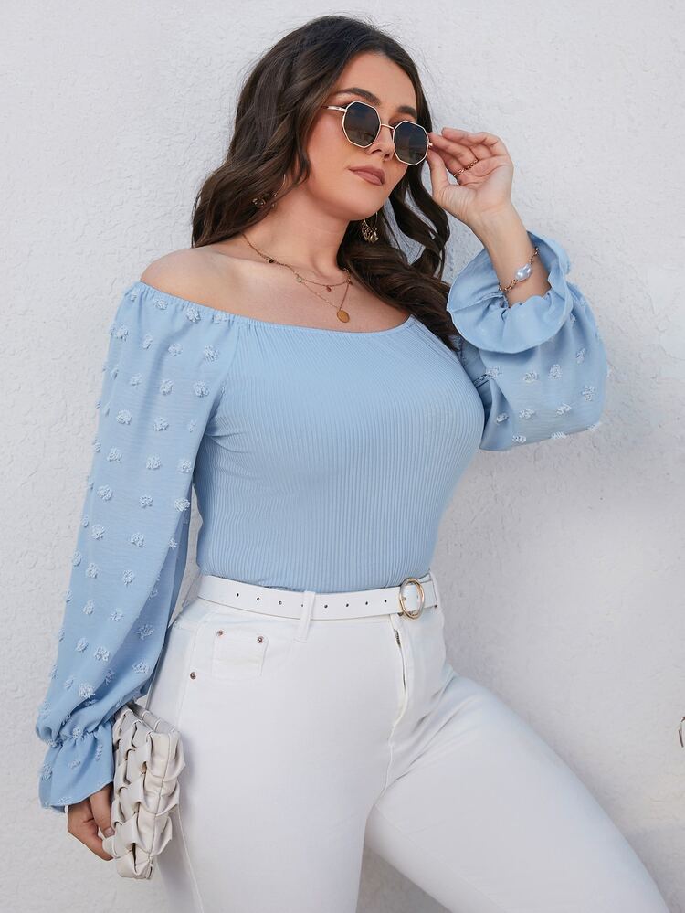 Plus Off Shoulder Swiss Dot Flounce Sleeve Top - Blue - View 4