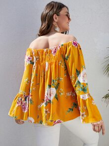 大碼印花一字肩荷葉袖打褶襯衫 - 黃色 - 查看 2