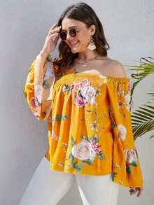 大碼印花一字肩荷葉袖打褶襯衫 - 黃色 - 查看 3