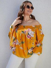 大碼印花一字肩荷葉袖打褶襯衫 - 黃色 - 查看 5