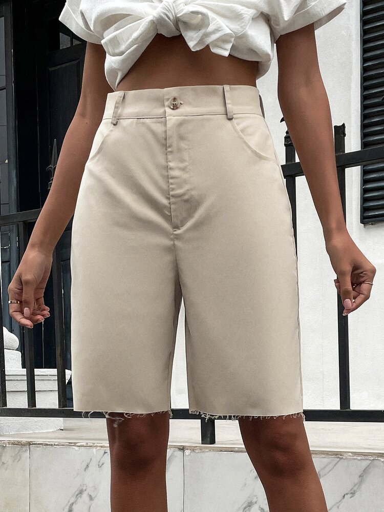 毛邊百慕大短褲不附腰帶 - 杏色 - 查看 4