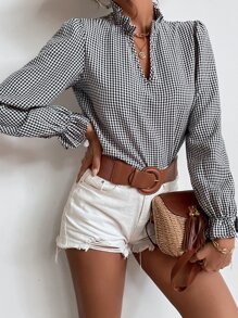 SHEIN Frenchy Gingham Flounce Sleeve Frilled Neck Blouse Winter Check Plaid Casual - Black and White - View 1
