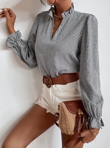 SHEIN Frenchy Gingham Flounce Sleeve Frilled Neck Blouse Winter Check Plaid Casual - Black and White - View 4