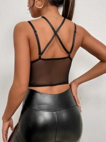 Cut Out Lace Scallop Trim Crop Mesh Cami Top - Black - View 2