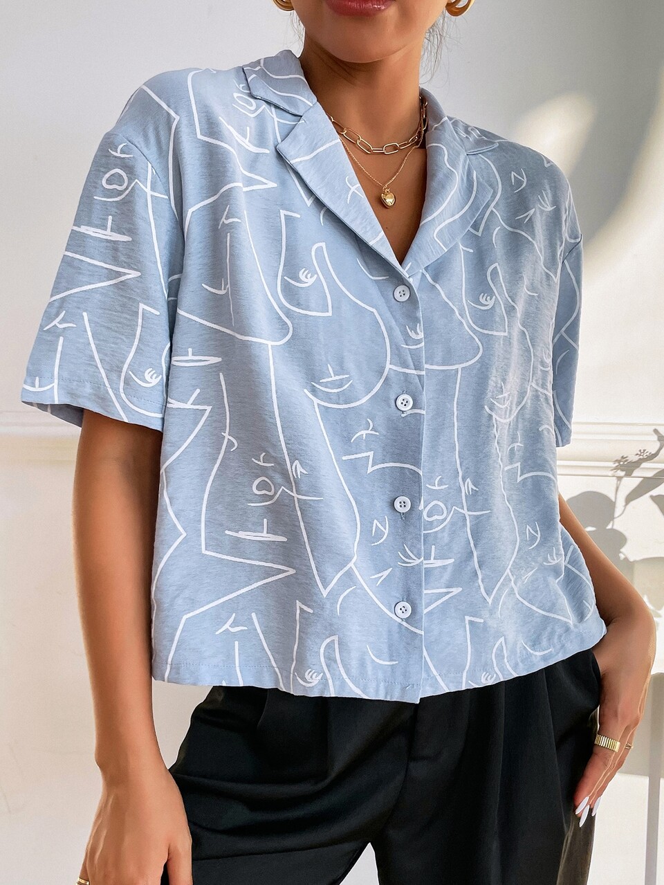 Abstract Figure Graphic Drop Shoulder Blouse