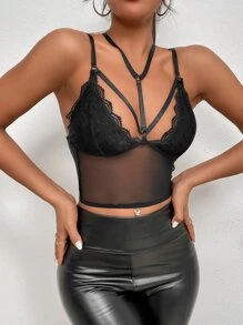 Cut Out Lace Scallop Trim Crop Mesh Cami Top - Black - View 3