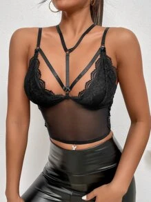 Cut Out Lace Scallop Trim Crop Mesh Cami Top - Black - View 6