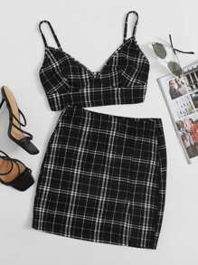 SHEIN EZwear Plus Plaid Print Cami Top and Skirt Set - Black - View 1