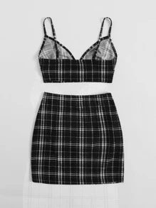 SHEIN EZwear Plus Plaid Print Cami Top and Skirt Set - Black - View 2