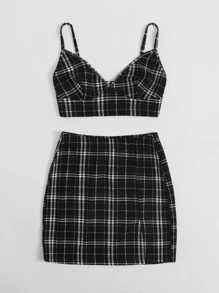 SHEIN EZwear Plus Plaid Print Cami Top and Skirt Set - Black - View 3