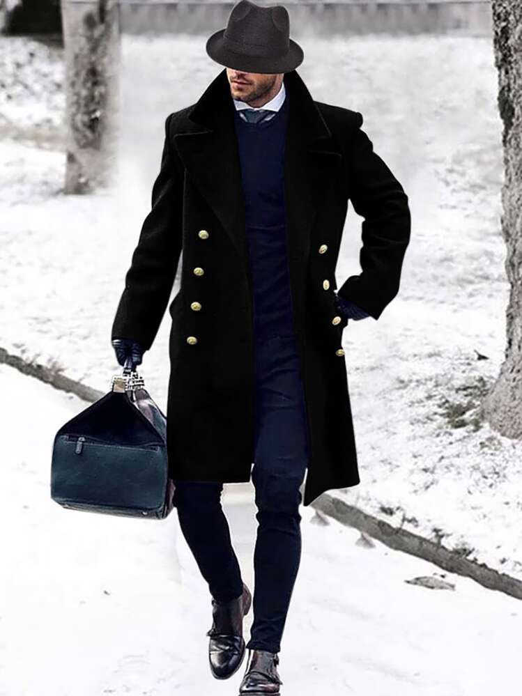 Manfinity Homme Men Lapel Neck Flap Pocket Double Breasted Overcoat - Black - View 1