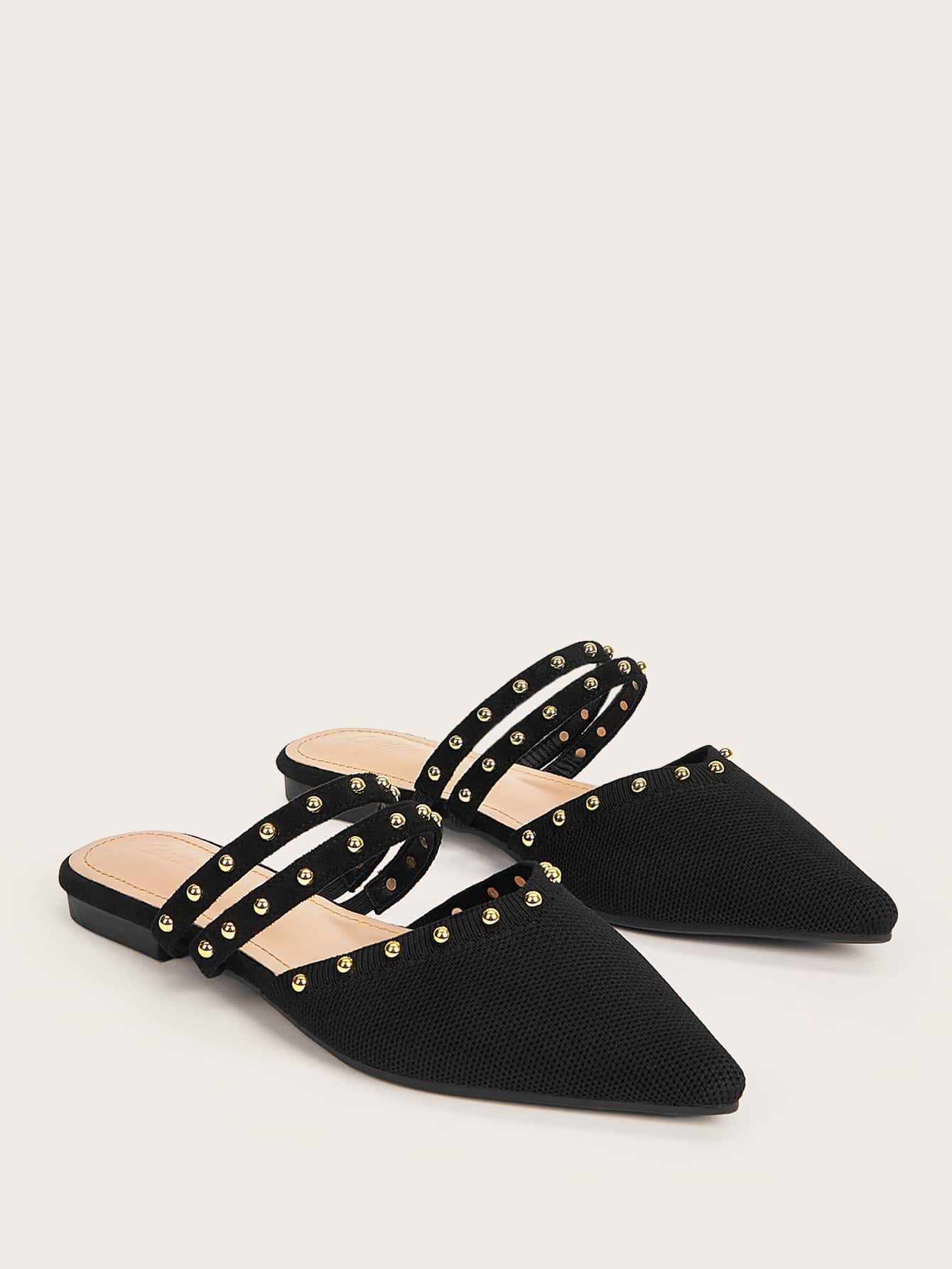 CUCCOO BASICS Woman Shoes Pointed Toe Elegant Rivets Decorated With Knot Detail Black Flat Mules For Summer Vacation Shoes Summer Back To School Shoes College Student Shoes Spring Shoes Spring Break Easter