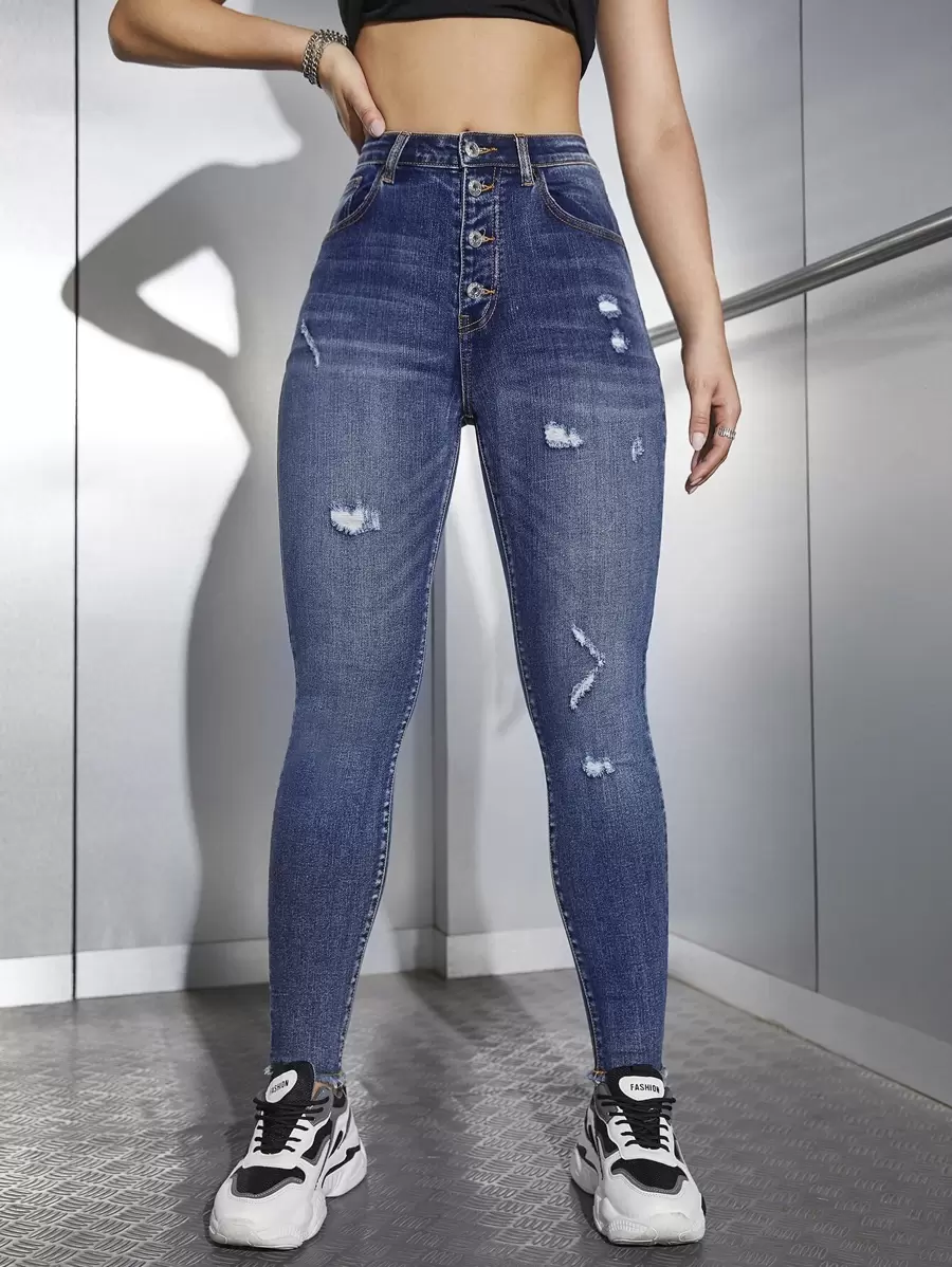 SHEIN EZwear High Waisted Button Fly Ripped Skinny Jeans - Dark Wash - View 1