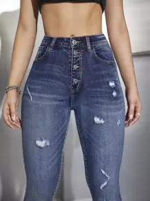 SHEIN EZwear High Waisted Button Fly Ripped Skinny Jeans - Dark Wash - View 5