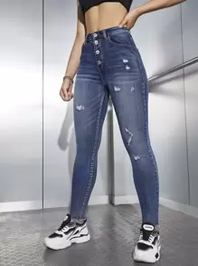 SHEIN EZwear High Waisted Button Fly Ripped Skinny Jeans - Dark Wash - View 6