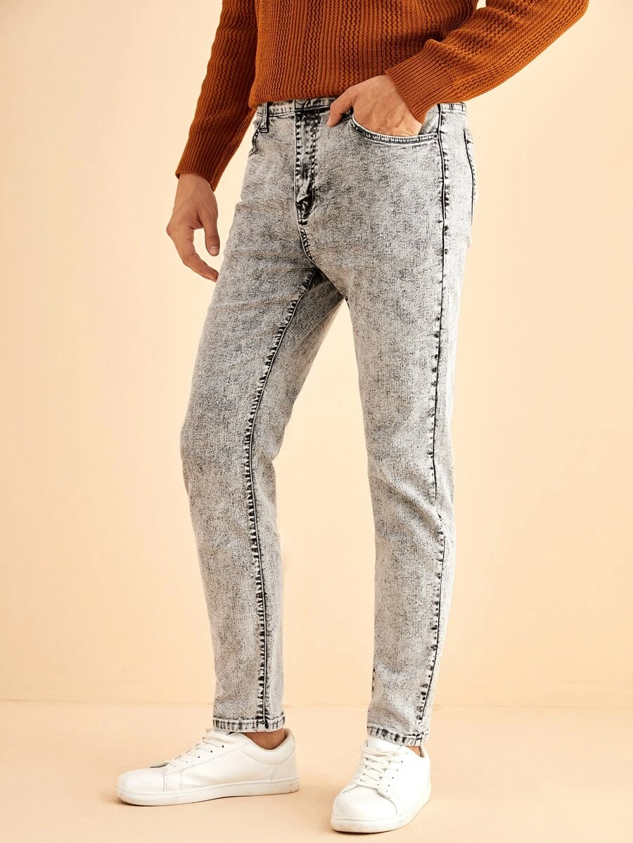 Manfinity 男士高彈力合身牛仔褲 - 淺灰色 - 查看 1