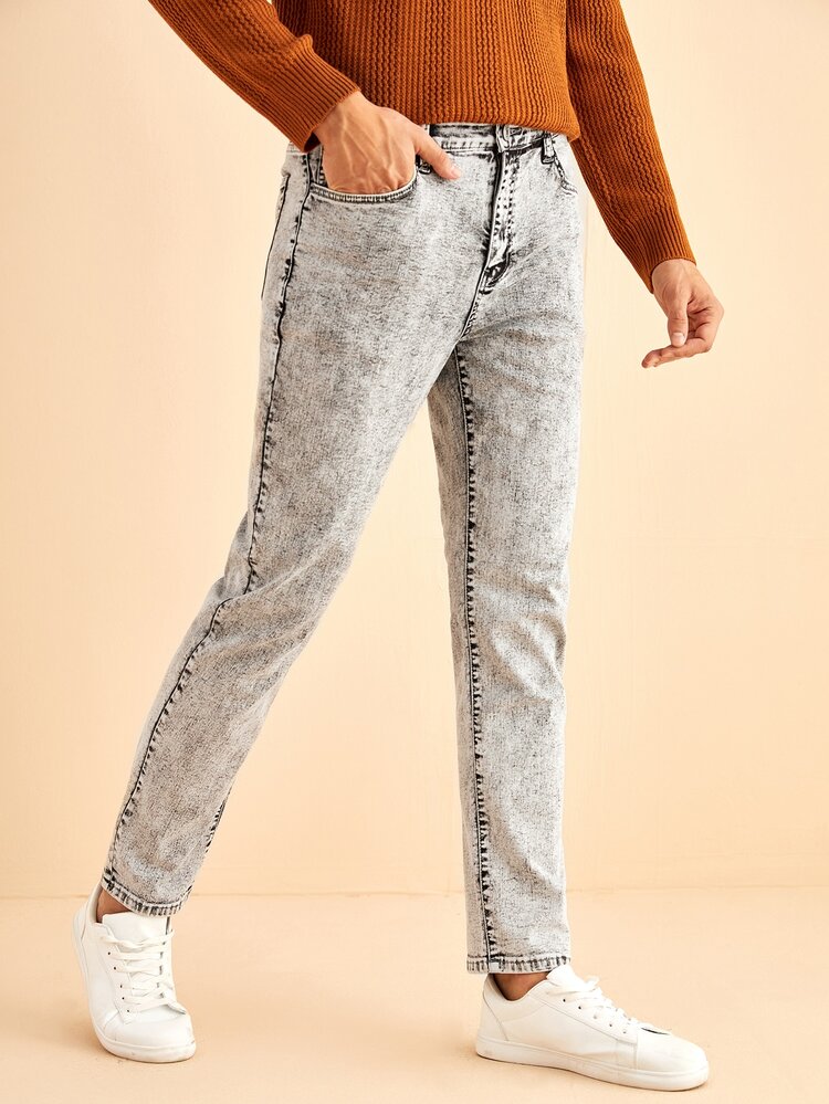 Manfinity 男士高彈力合身牛仔褲 - 淺灰色 - 查看 3