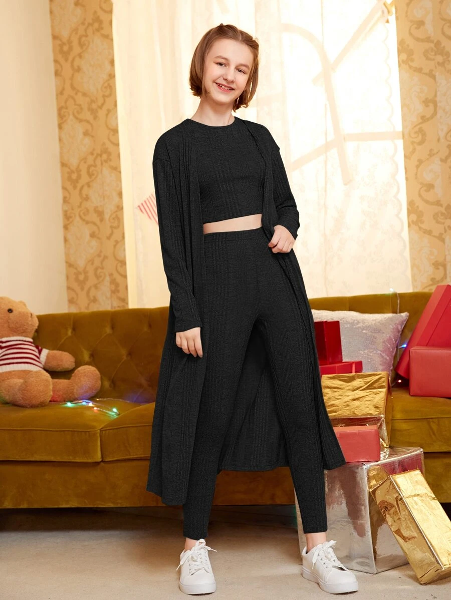 SHEIN 青少年女孩落肩袖開門襟外套和背心上衣和緊身打底褲 - 黑色 - 查看 1