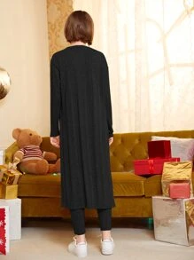 SHEIN 青少年女孩落肩袖開門襟外套和背心上衣和緊身打底褲 - 黑色 - 查看 2