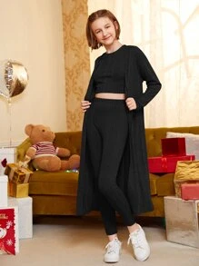 SHEIN 青少年女孩落肩袖開門襟外套和背心上衣和緊身打底褲 - 黑色 - 查看 3