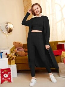 SHEIN 青少年女孩落肩袖開門襟外套和背心上衣和緊身打底褲 - 黑色 - 查看 4