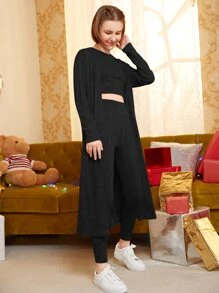 SHEIN 青少年女孩落肩袖開門襟外套和背心上衣和緊身打底褲 - 黑色 - 查看 5
