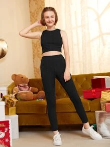 SHEIN 青少年女孩落肩袖開門襟外套和背心上衣和緊身打底褲 - 黑色 - 查看 6