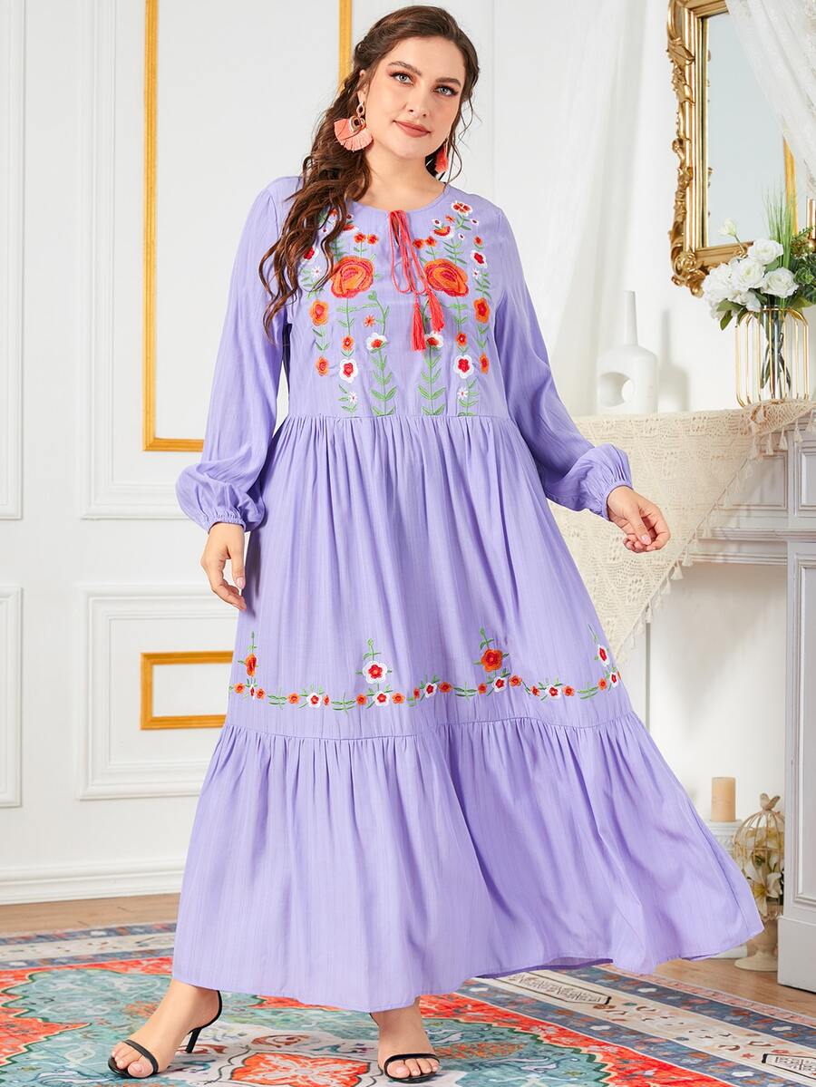 大码花卉刺绣流苏系带领灯笼袖荷叶边下摆连衣裙 - 紫丁香色 - 查看 1