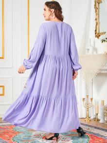 大码花卉刺绣流苏系带领灯笼袖荷叶边下摆连衣裙 - 紫丁香色 - 查看 2