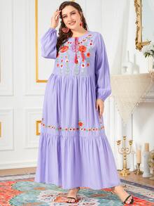 大码花卉刺绣流苏系带领灯笼袖荷叶边下摆连衣裙 - 紫丁香色 - 查看 4