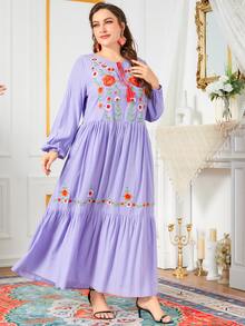 大码花卉刺绣流苏系带领灯笼袖荷叶边下摆连衣裙 - 紫丁香色 - 查看 5