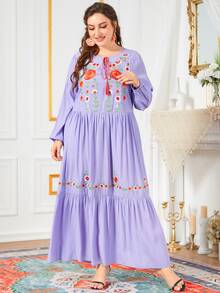大码花卉刺绣流苏系带领灯笼袖荷叶边下摆连衣裙 - 紫丁香色 - 查看 6