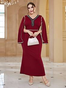 Đầm Plus Size màu trơn Thanh lịch - Màu Đỏ Sâu - Xem 3