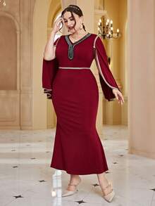 Đầm Plus Size màu trơn Thanh lịch - Màu Đỏ Sâu - Xem 5