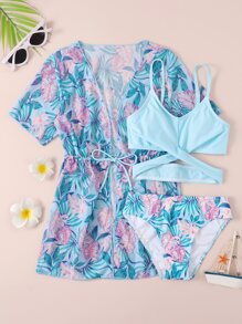 Tween Girl 3 gói Bikini in hình lá & kimono đi biển mùa hè - Nhiều màu - Xem 1