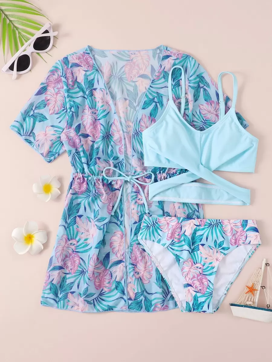 Tween Girl 3 gói Bikini in hình lá & kimono đi biển mùa hè - Nhiều màu - Xem 1