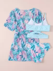 Tween Girl 3 gói Bikini in hình lá & kimono đi biển mùa hè - Nhiều màu - Xem 2