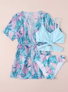 Tween Girl 3 gói Bikini in hình lá & kimono đi biển mùa hè - Nhiều màu - Xem 5
