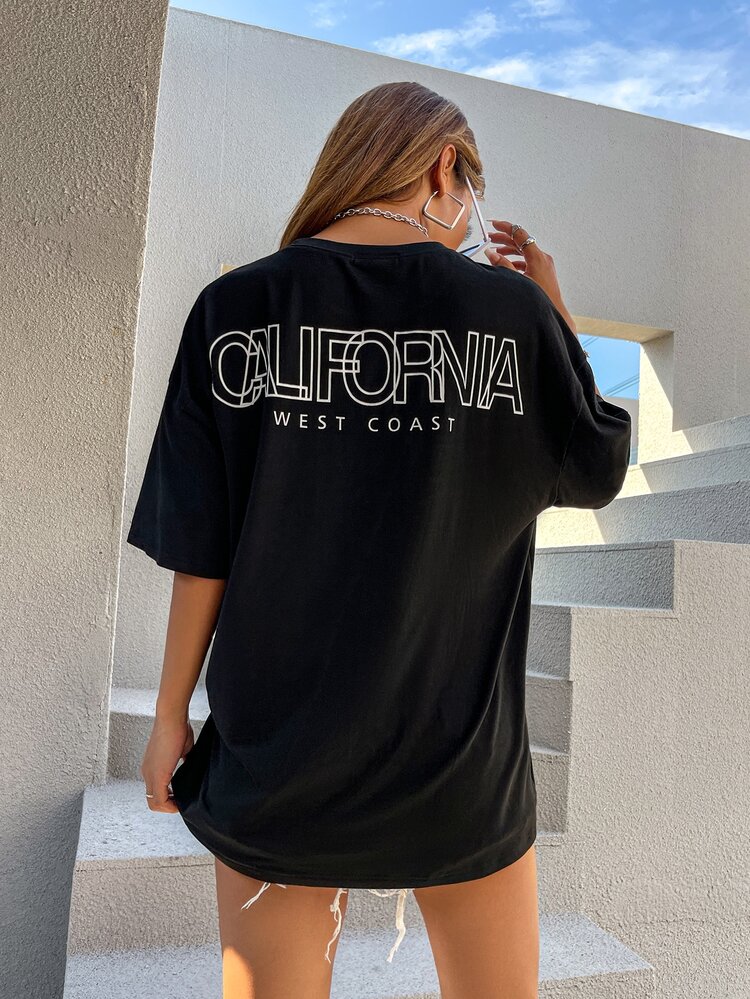 SHEIN Unity Áo thun hở vai họa tiết chữ Graphic Tees dành cho nữ - màu đen - Xem 6